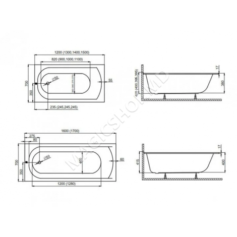 Акриловая прямоугольная ванна CLASSIC SLIM (плюс крепления) , 1200x700 mm